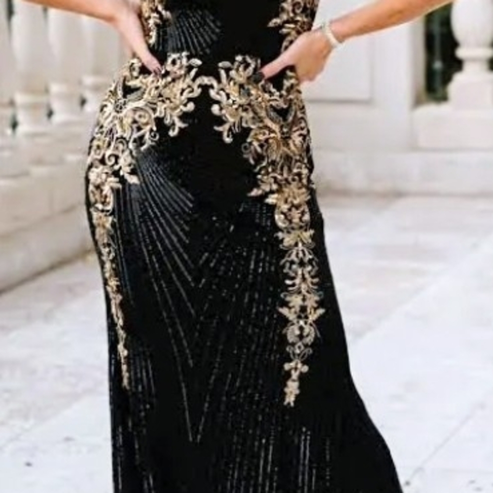 Baltic Born Black Gown with Gold Embellishments